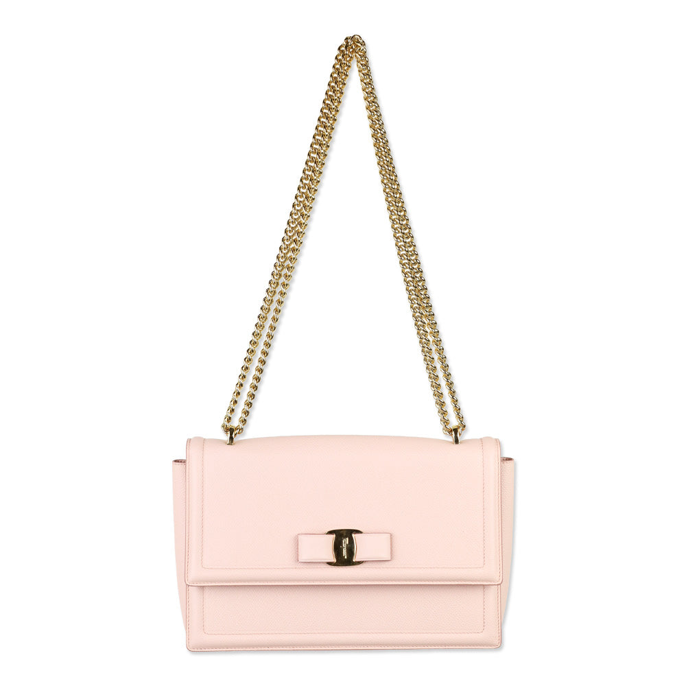 Salvatore Ferragamo Light Pink Grained Leather Vara Bow Chain Shoulder Bag