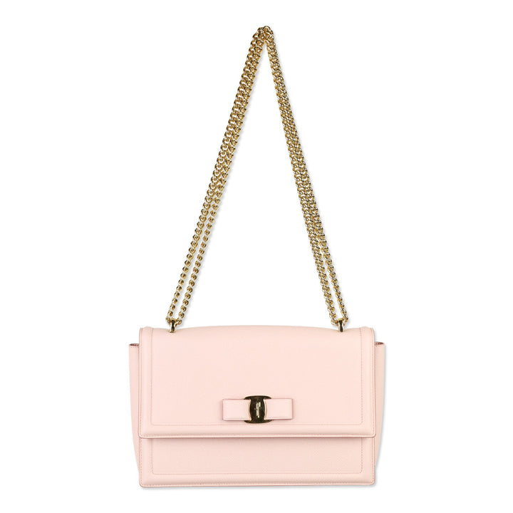 Salvatore Ferragamo Light Pink Grained Leather Vara Bow Chain Shoulder Bag