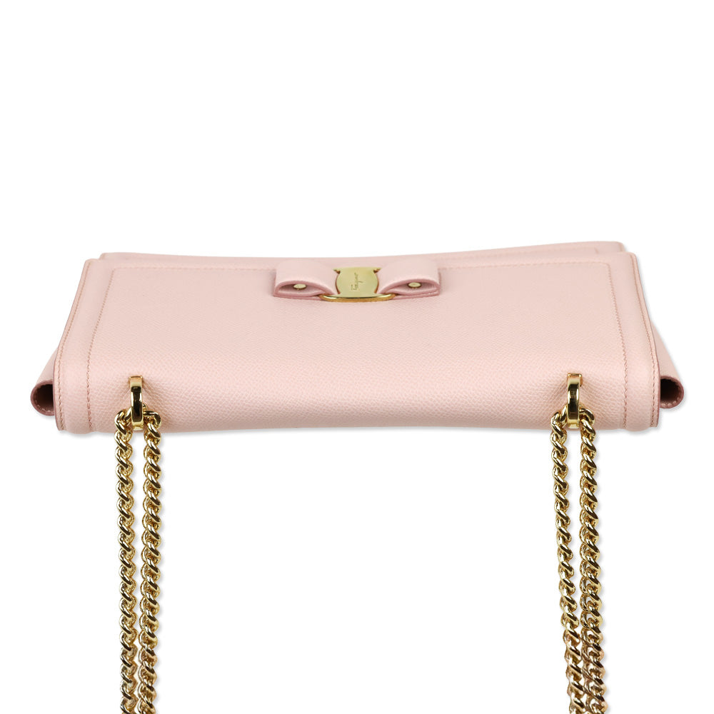Salvatore Ferragamo Light Pink Grained Leather Vara Bow Chain Shoulder Bag