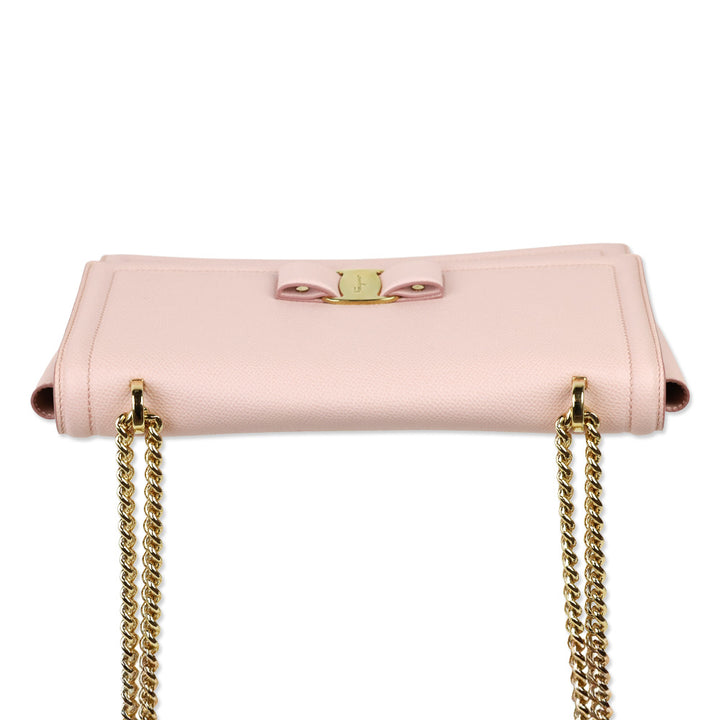 Salvatore Ferragamo Light Pink Grained Leather Vara Bow Chain Shoulder Bag