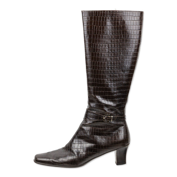 Salvatore Ferragamo Majene Espresso Croc Embossed Leather Riding Boots