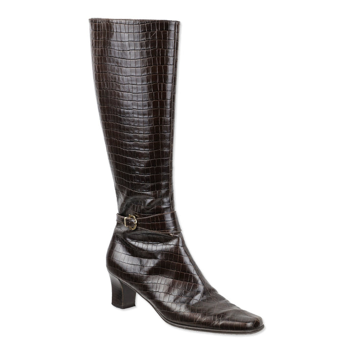 Salvatore Ferragamo Majene Espresso Croc Embossed Leather Riding Boots