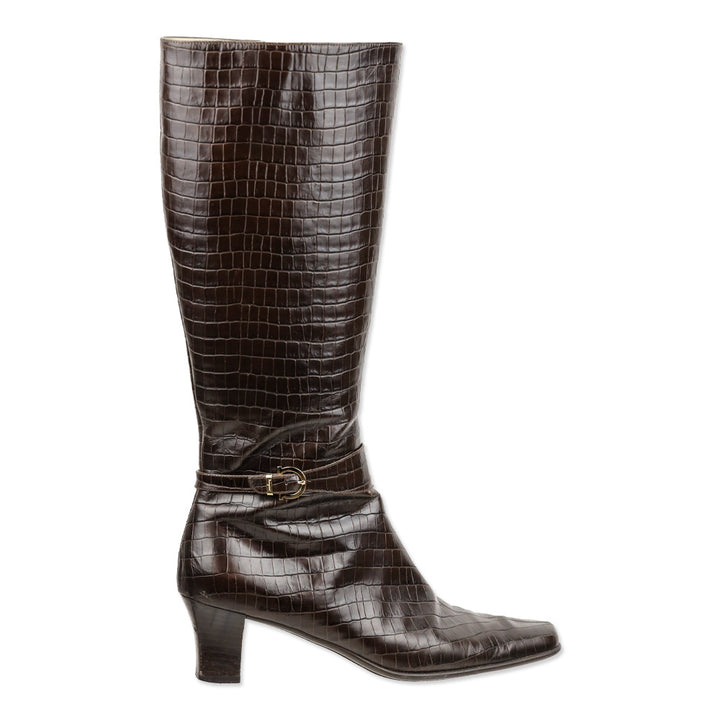 Salvatore Ferragamo Majene Espresso Croc Embossed Leather Riding Boots