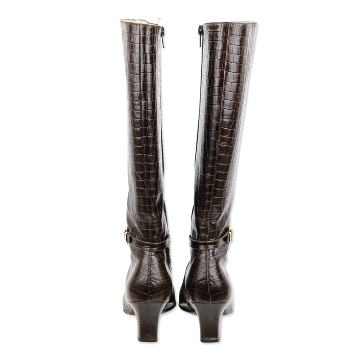 Salvatore Ferragamo Majene Espresso Croc Embossed Leather Riding Boots