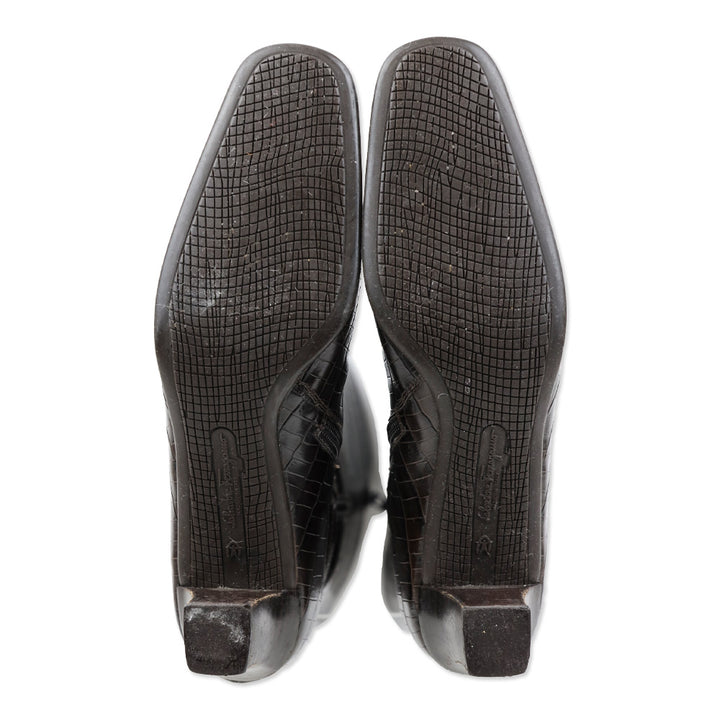 Salvatore Ferragamo Majene Espresso Croc Embossed Leather Riding Boots