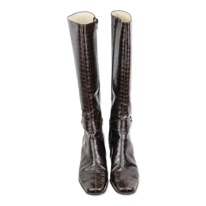 Salvatore Ferragamo Majene Espresso Croc Embossed Leather Riding Boots