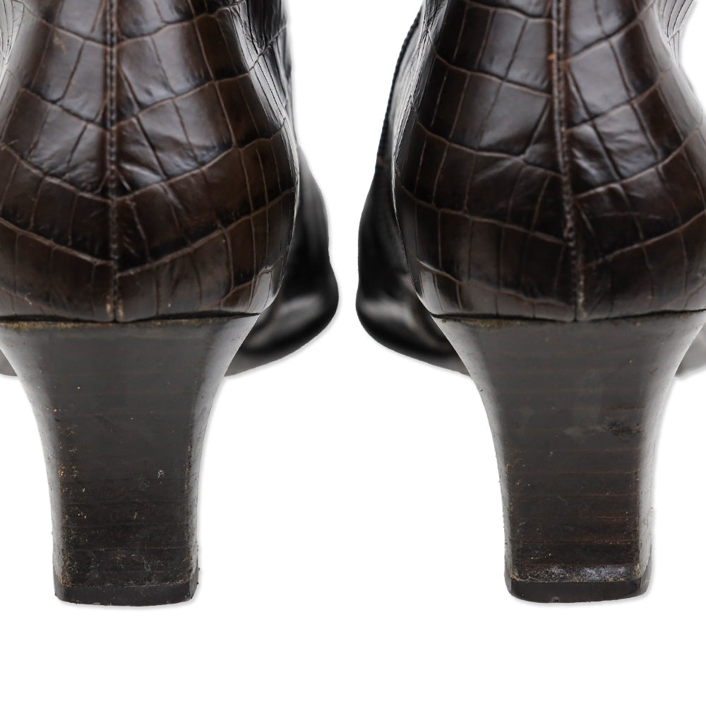 Salvatore Ferragamo Majene Espresso Croc Embossed Leather Riding Boots