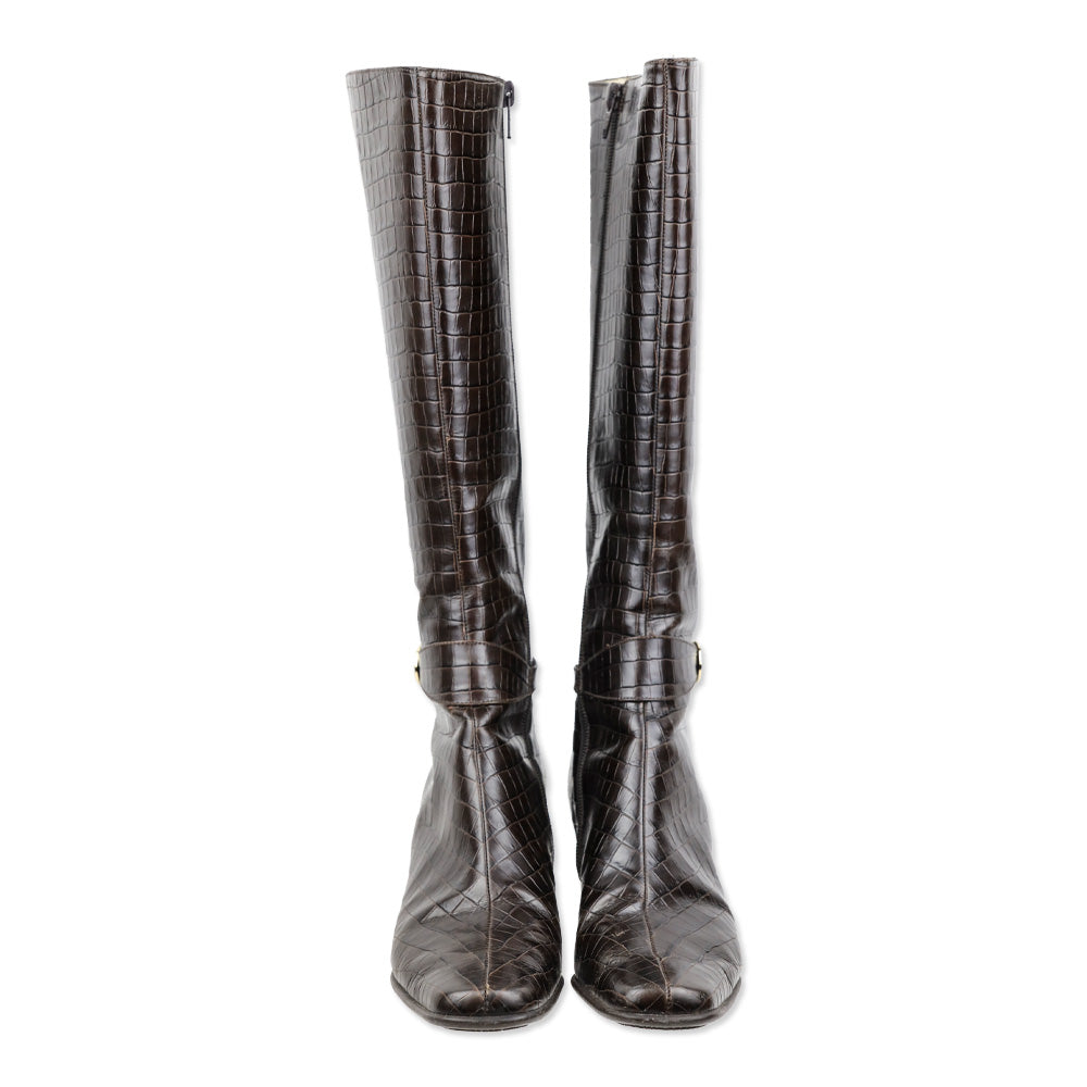 Salvatore Ferragamo Majene Espresso Croc Embossed Leather Riding Boots