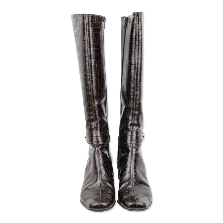 Salvatore Ferragamo Majene Espresso Croc Embossed Leather Riding Boots