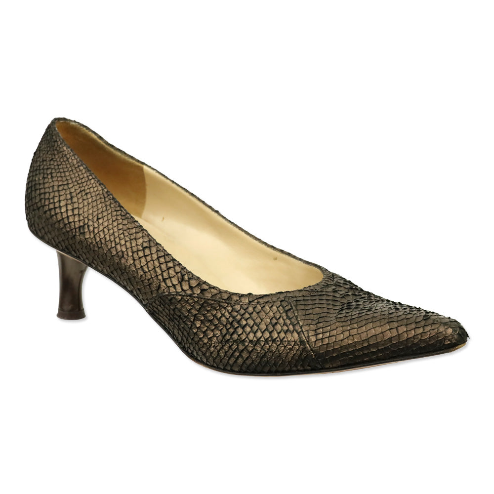Salvatore Ferragamo Metallic Bronze Snakeskin Leather Pumps