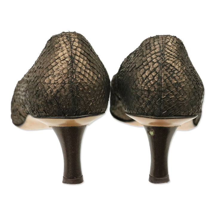 Salvatore Ferragamo Metallic Bronze Snakeskin Leather Pumps