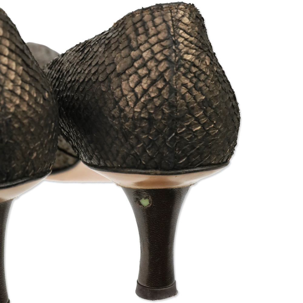 Salvatore Ferragamo Metallic Bronze Snakeskin Leather Pumps