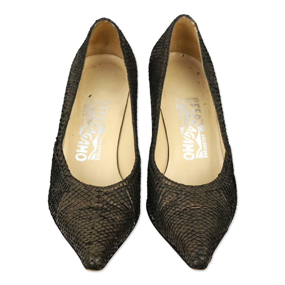 Salvatore Ferragamo Metallic Bronze Snakeskin Leather Pumps