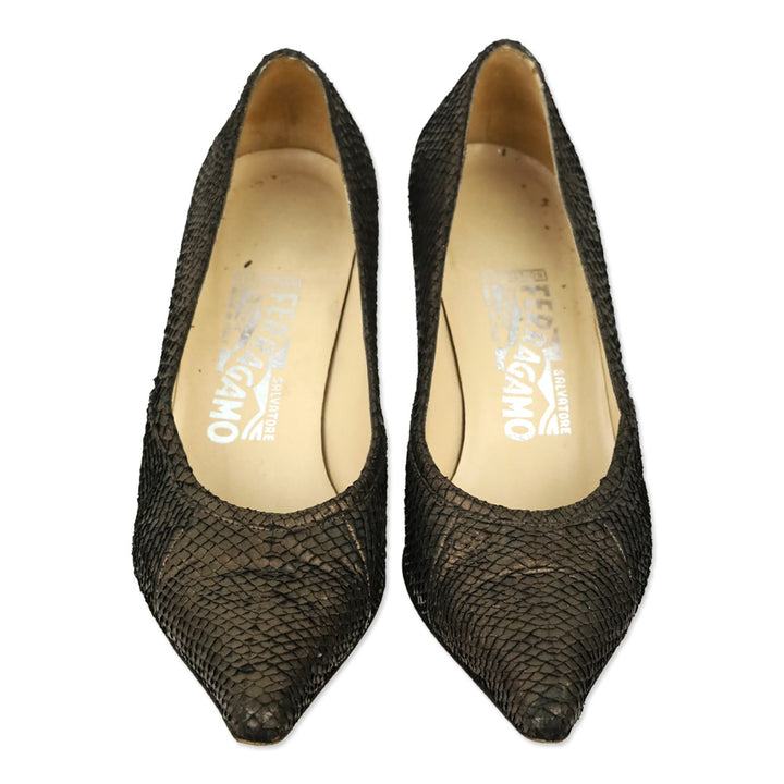 Salvatore Ferragamo Metallic Bronze Snakeskin Leather Pumps