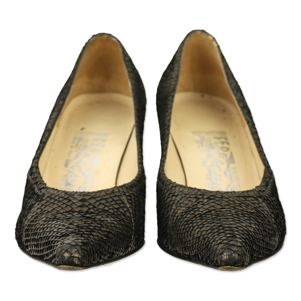 Salvatore Ferragamo Metallic Bronze Snakeskin Leather Pumps
