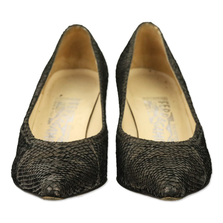 Salvatore Ferragamo Metallic Bronze Snakeskin Leather Pumps