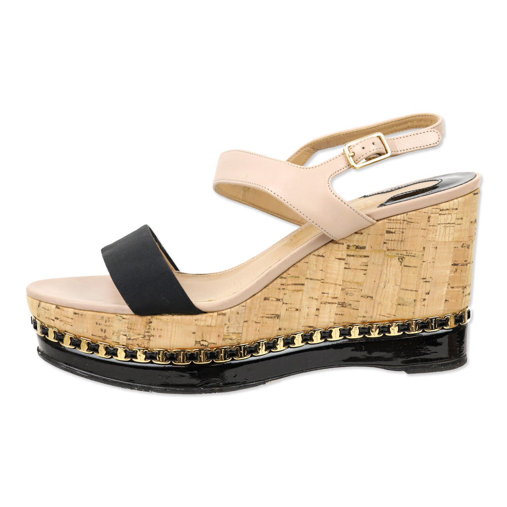 Salvatore Ferragamo Mollie Nude Leather Chain-Trim Platform Cork Wedge Sandals