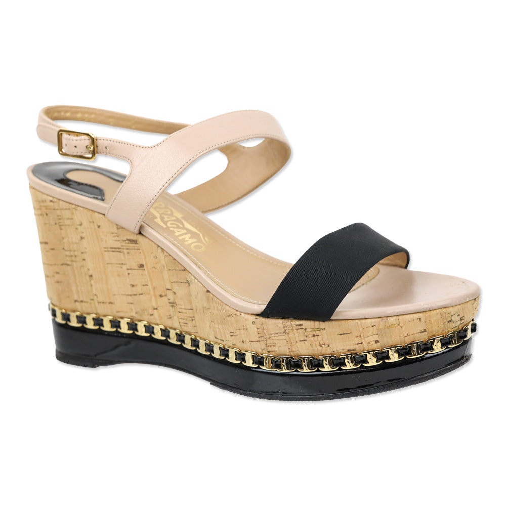 Salvatore Ferragamo Mollie Nude Leather Chain-Trim Platform Cork Wedge Sandals