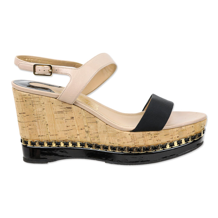 Salvatore Ferragamo Mollie Nude Leather Chain-Trim Platform Cork Wedge Sandals