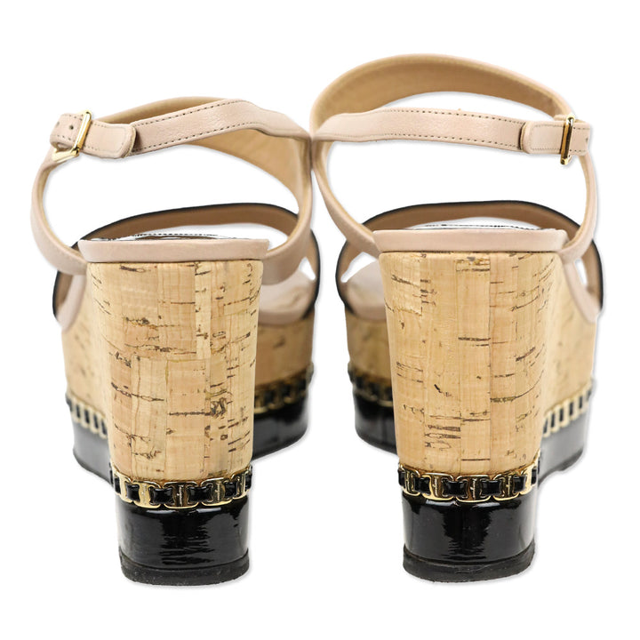 Salvatore Ferragamo Mollie Nude Leather Chain-Trim Platform Cork Wedge Sandals
