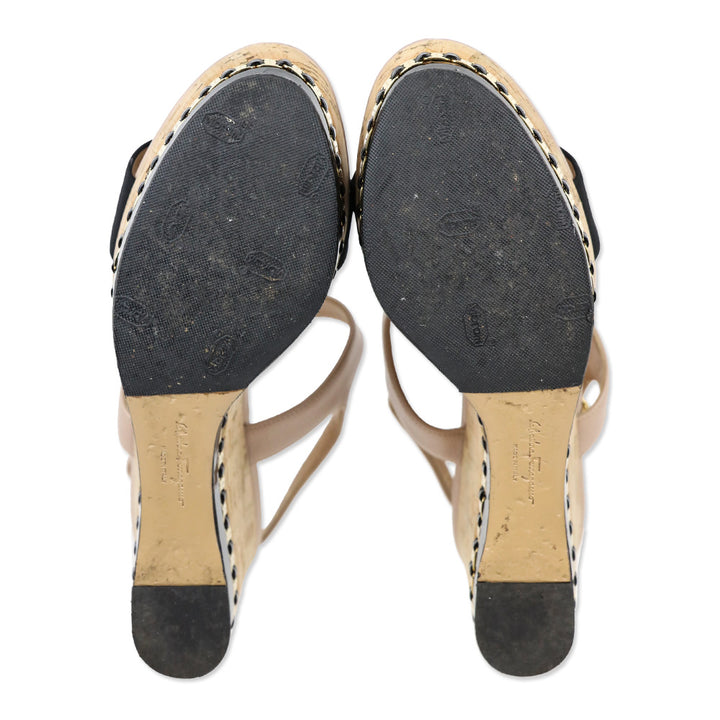 Salvatore Ferragamo Mollie Nude Leather Chain-Trim Platform Cork Wedge Sandals
