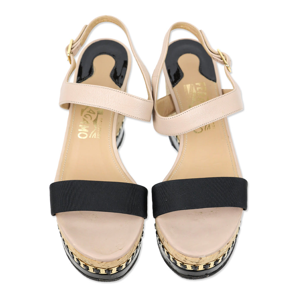 Salvatore Ferragamo Mollie Nude Leather Chain-Trim Platform Cork Wedge Sandals