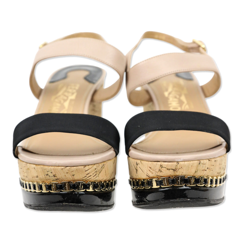 Salvatore Ferragamo Mollie Nude Leather Chain-Trim Platform Cork Wedge Sandals
