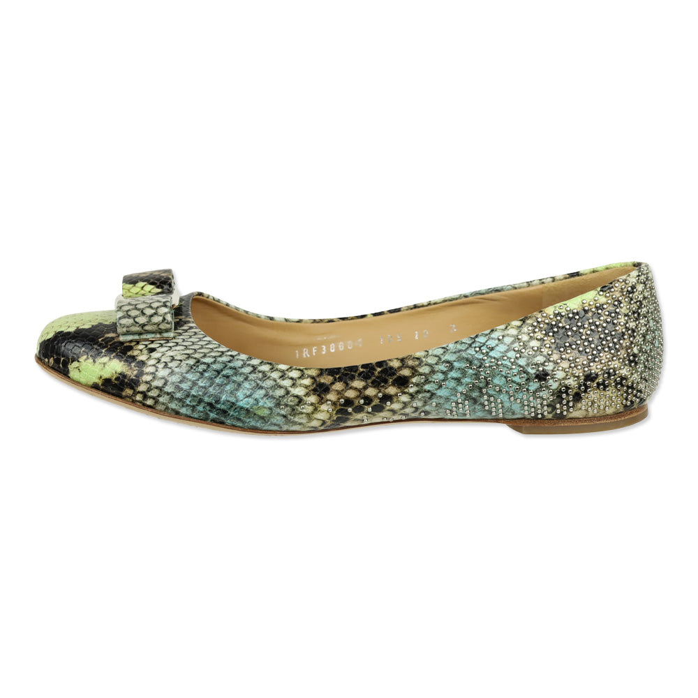 Salvatore Ferragamo Multicolor Python Embossed Leather Vara Bow Ballet Flats