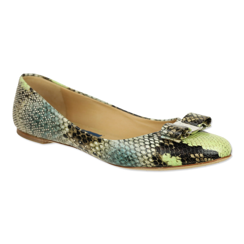 Salvatore Ferragamo Multicolor Python Embossed Leather Vara Bow Ballet Flats