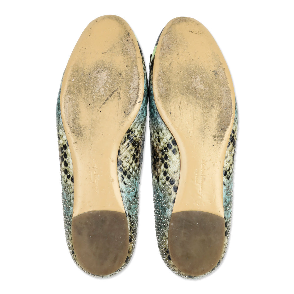 Salvatore Ferragamo Multicolor Python Embossed Leather Vara Bow Ballet Flats