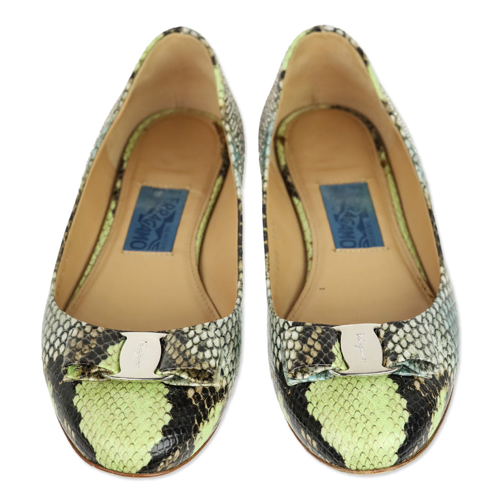 Salvatore Ferragamo Multicolor Python Embossed Leather Vara Bow Ballet Flats