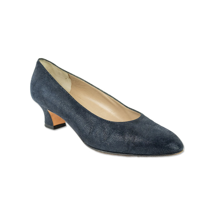 Salvatore Ferragamo Navy Embossed Suede Pump