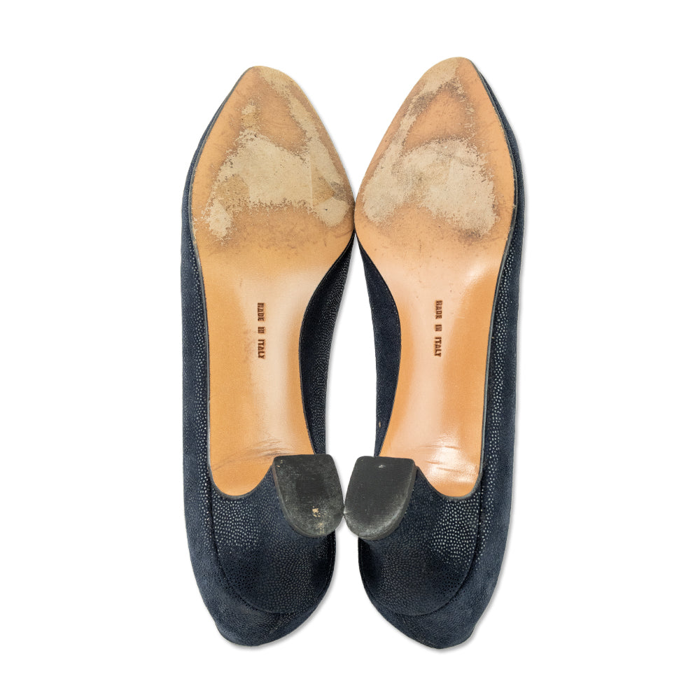 Salvatore Ferragamo Navy Embossed Suede Pump