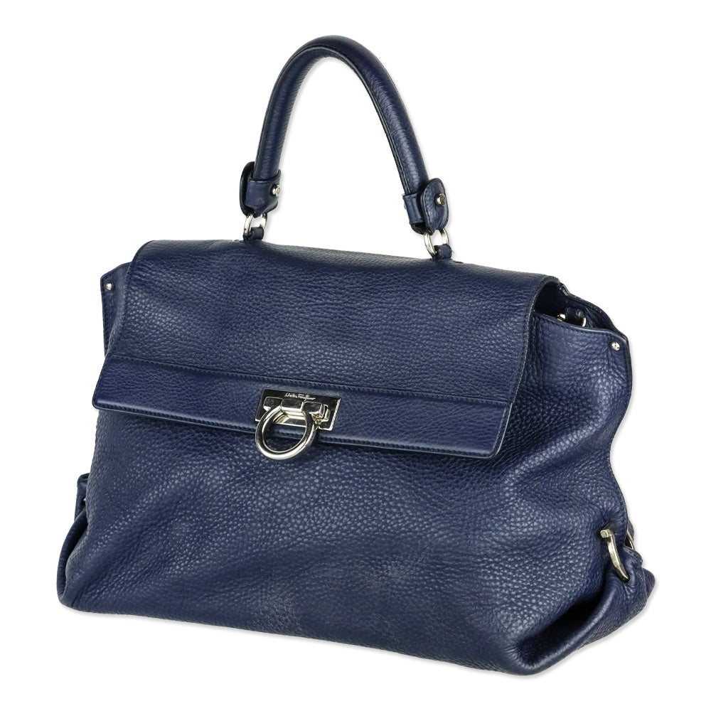 Salvatore Ferragamo Navy Grained Leather Large Sofia Shoulder Bag