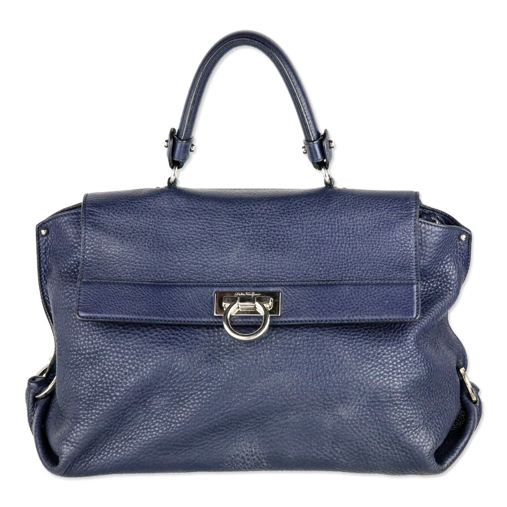 Salvatore Ferragamo Navy Grained Leather Large Sofia Shoulder Bag