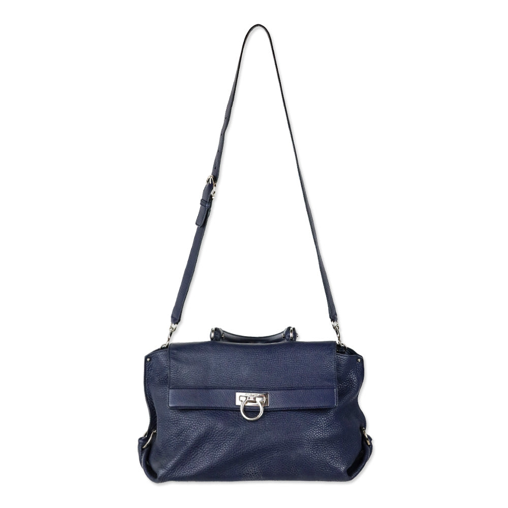 Salvatore Ferragamo Navy Grained Leather Large Sofia Shoulder Bag