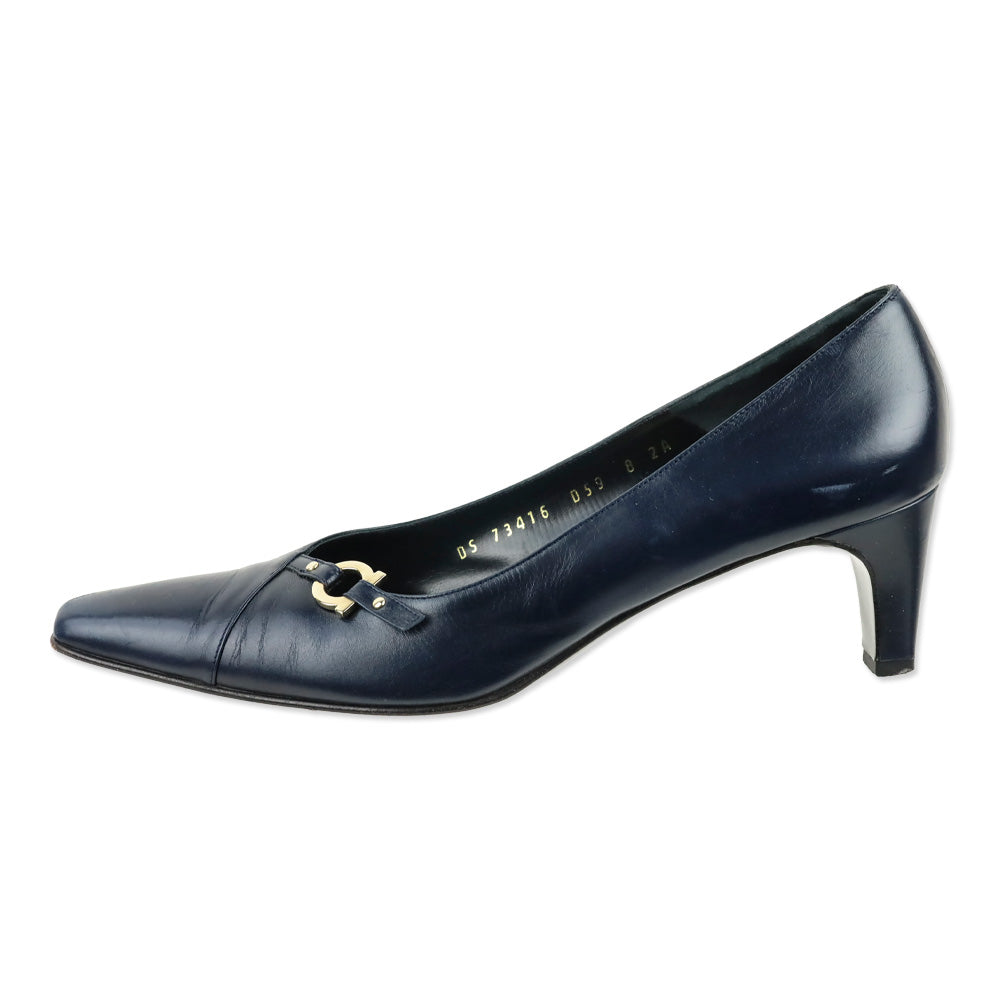 Salvatore Ferragamo Navy Leather Gancini Detail Pump