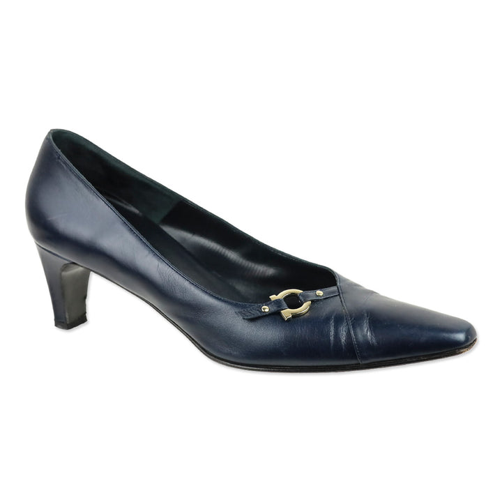 Salvatore Ferragamo Navy Leather Gancini Detail Pump