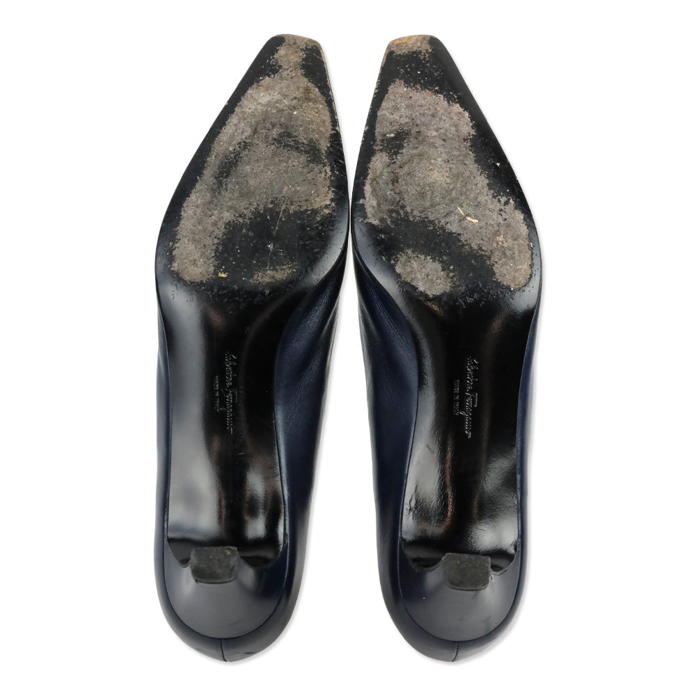 Salvatore Ferragamo Navy Leather Gancini Detail Pump