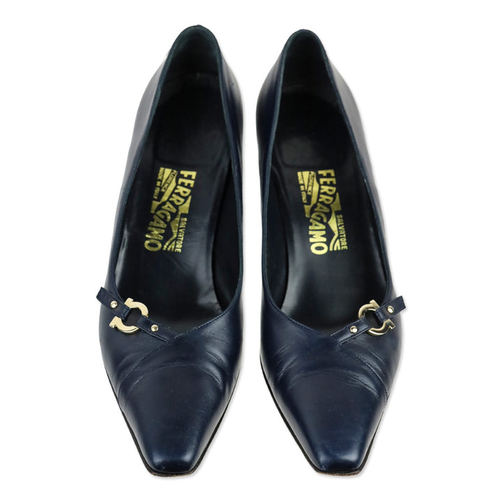 Salvatore Ferragamo Navy Leather Gancini Detail Pump