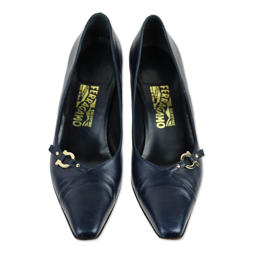 Salvatore Ferragamo Navy Leather Gold Gancini Pumps