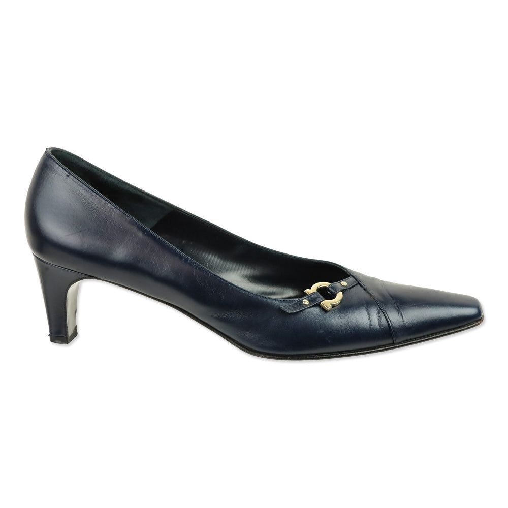 Salvatore Ferragamo Navy Leather Gold Gancini Pumps