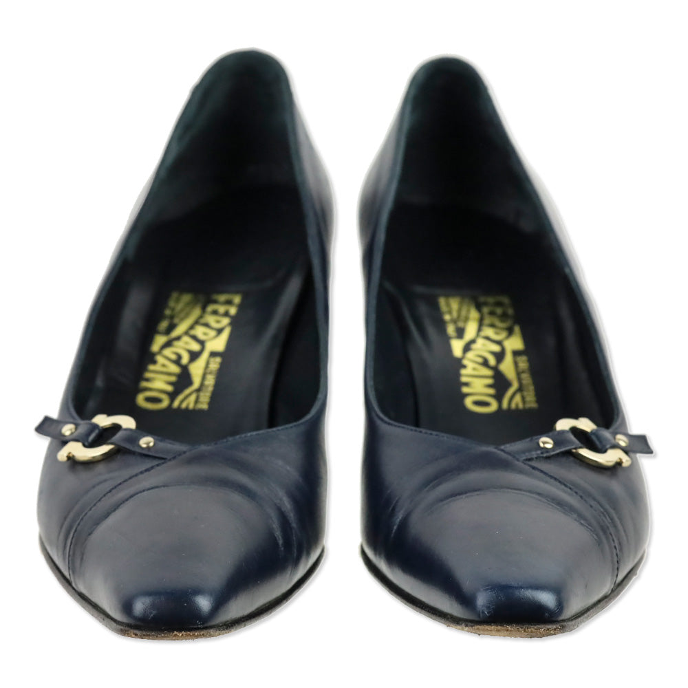 Salvatore Ferragamo Navy Leather Gold Gancini Pumps