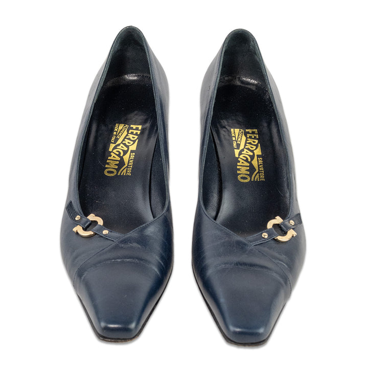 Salvatore Ferragamo Navy Leather Gold Gancini Pumps