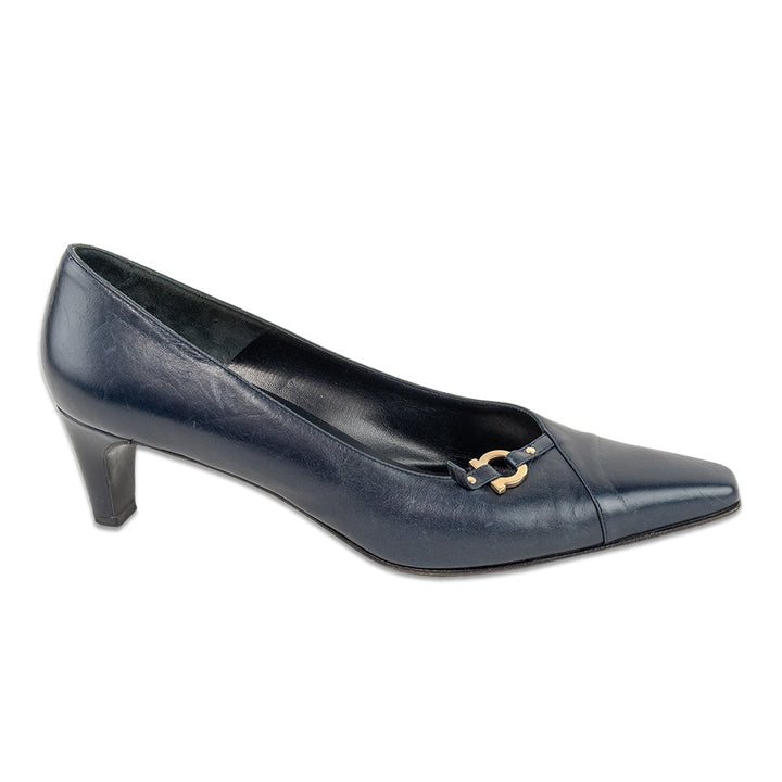 Salvatore Ferragamo Navy Leather Gold Gancini Pumps