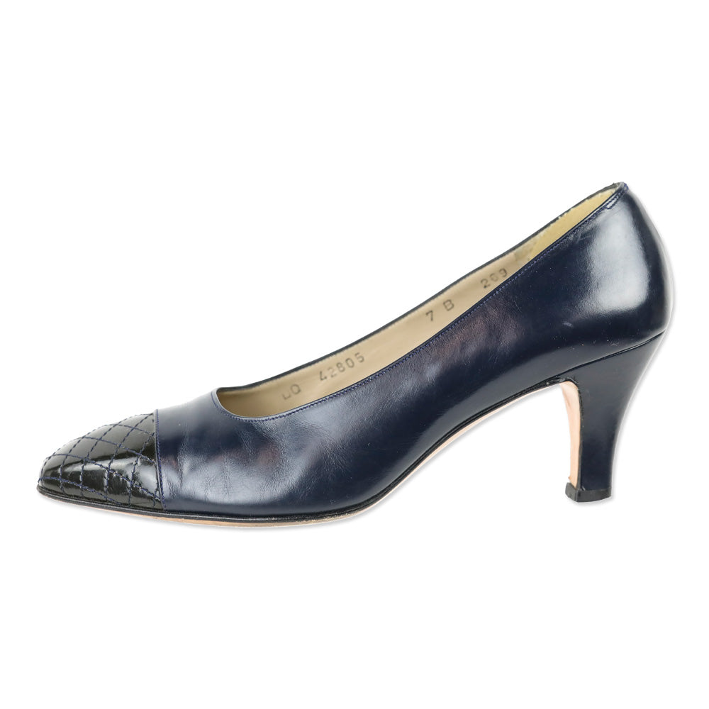 Salvatore Ferragamo Navy Leather Quilted Cap Toe Pump