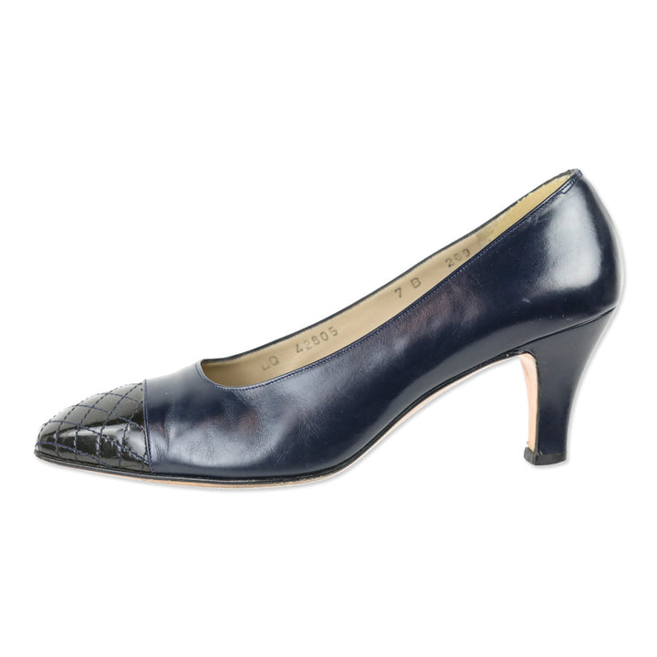 Salvatore Ferragamo Navy Leather Quilted Cap Toe Pump