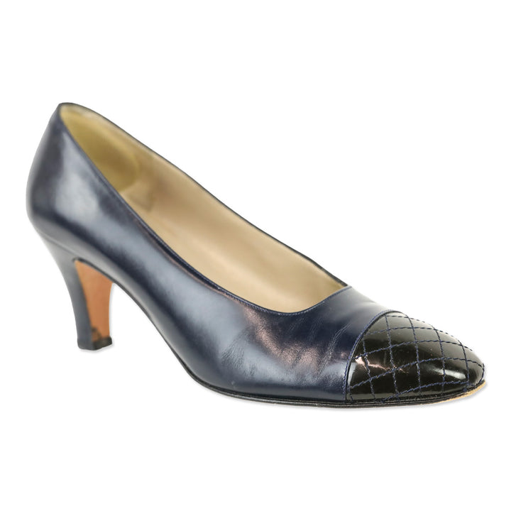 Salvatore Ferragamo Navy Leather Quilted Cap Toe Pump