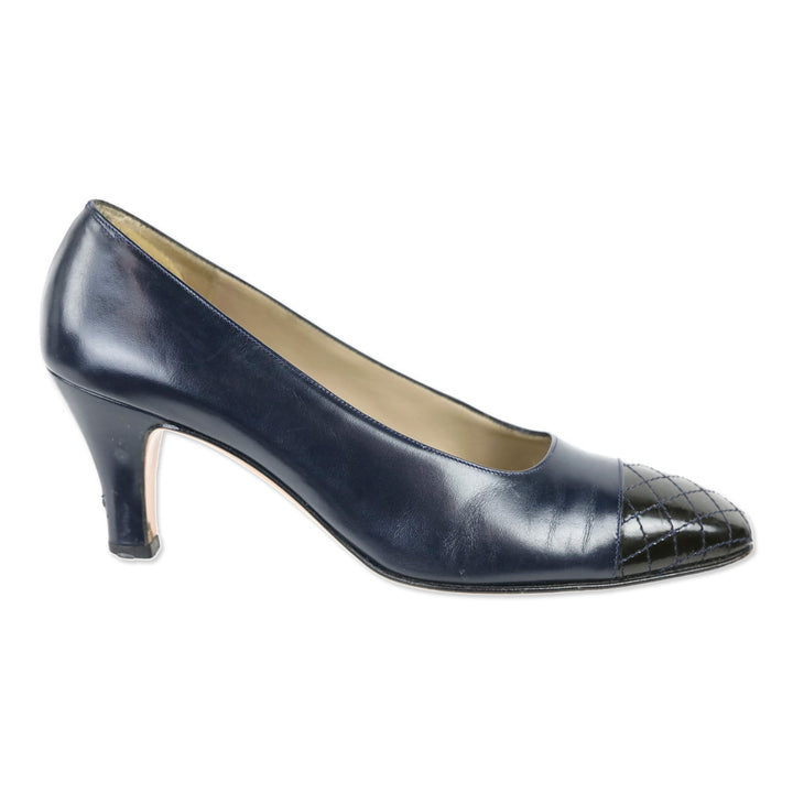 Salvatore Ferragamo Navy Leather Quilted Cap Toe Pump