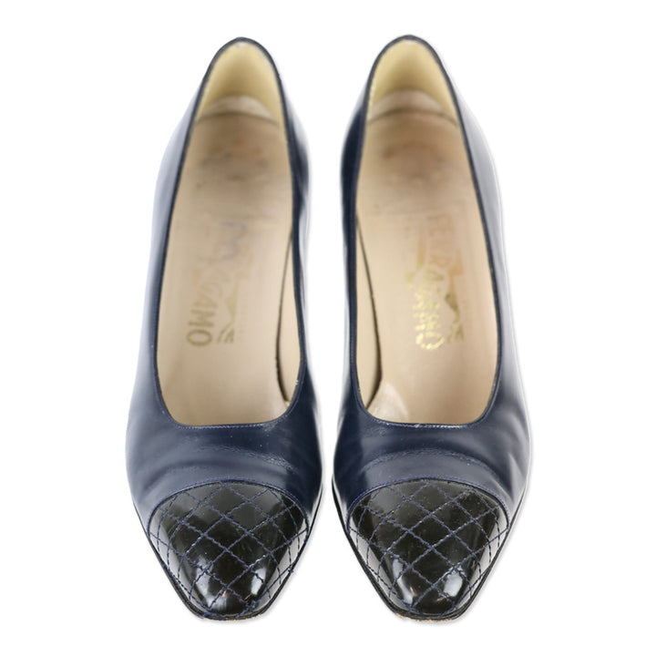 Salvatore Ferragamo Navy Leather Quilted Cap Toe Pump